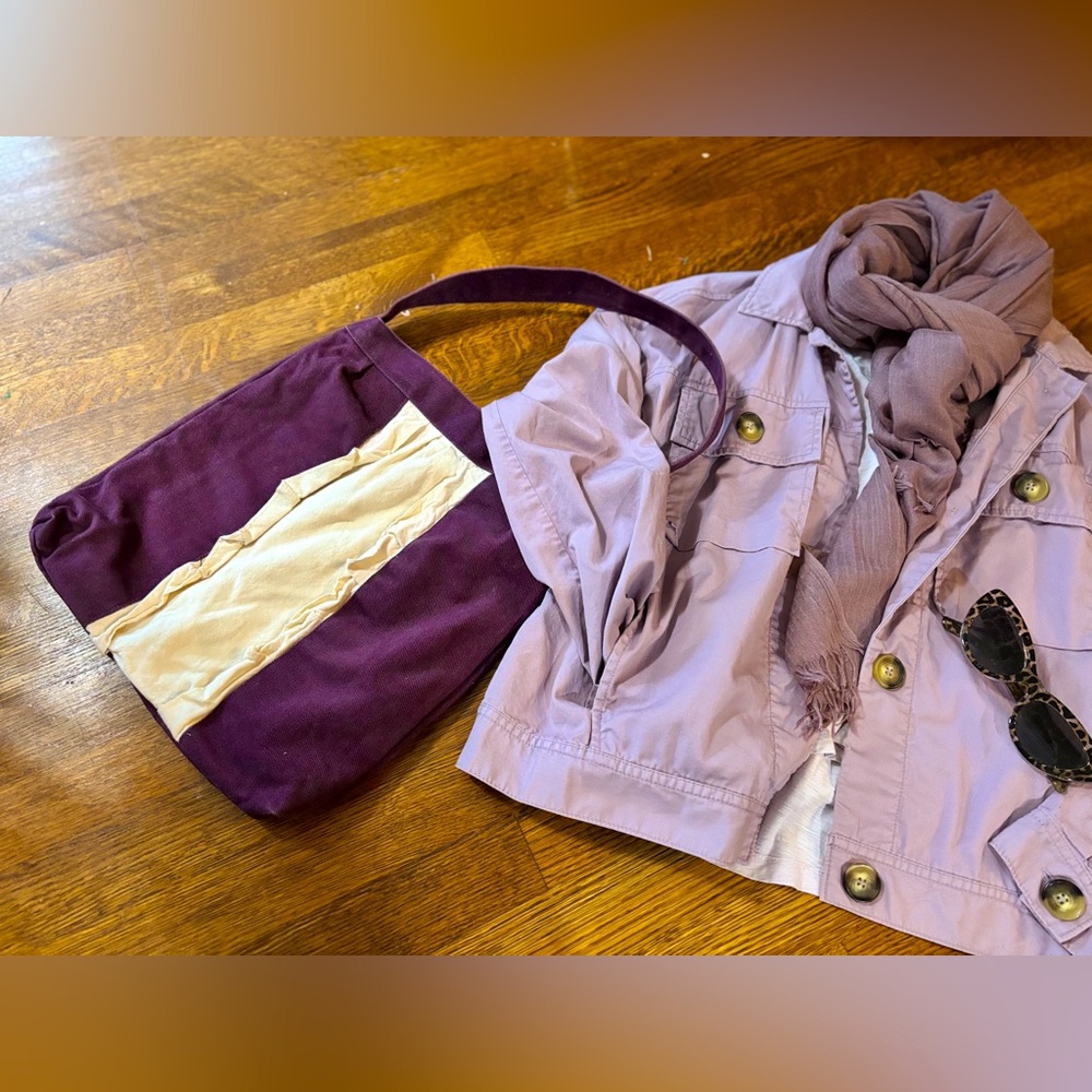 Artisan made Purple and Cream Tote Bag with snap closure and ruffle detail